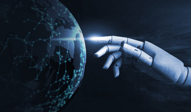 Robot hand artificial intelligence Ai pointing at word self learning improving development problem solving solution tasks of future technology, ai computer process power, futuristic blue background.