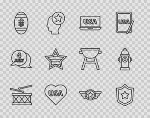 Set line Drum and drum sticks, Police badge, USA on laptop, Independence day, American Football ball, Star military and Fire hydrant icon. Vector