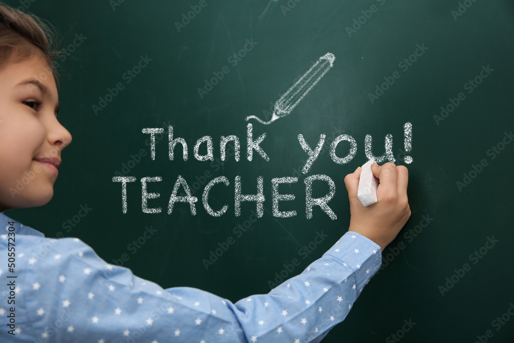 Poster Cute little boy written phrase Thank You Teacher on green chalkboard