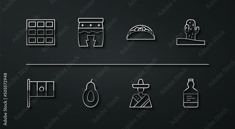 Poster Set line Chocolate bar, Mexico flag, Cactus, Mexican man sombrero, Avocado, Huehuetl, Tequila bottle and Taco with tortilla icon. Vector