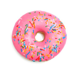 Sweet delicious glazed donut decorated with sprinkles on white background, top view