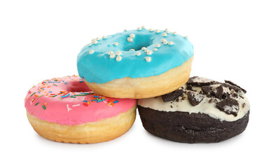 Sweet tasty glazed donuts on white background