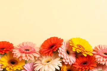 Beautiful colorful gerbera flowers on beige background, flat lay. Space for text