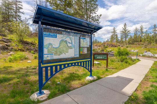 General View Of The Post Falls Community Forest Sign At The Entrance To Falls Park In Post Falls, Idaho On May 16 2022.