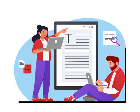 Create content concept. Man and girl developing article. Copywriters and freelancers. Modern technologies and work on Internet, content for websites and pages. Cartoon flat vector illustration