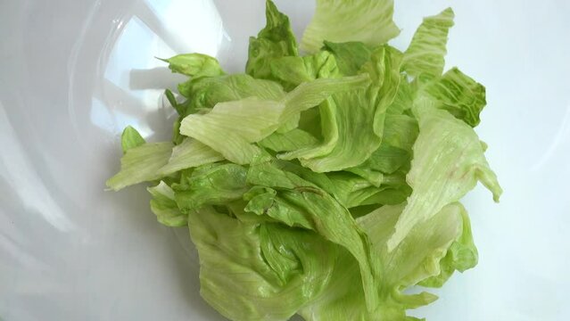 Preparing salad in a glass bowl. Falling lettuce leaves,