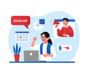 Frustrated worker concept. Girl at laptop trying to keep up with deadline, poor time management and lazy employee. Problems at work and emotional burnout, fatigue. Cartoon flat vector illustration