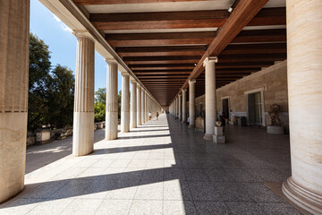 Athens, Greece - July 26, 2021: Stoa of Attalos, covered walkway or portico in the Agora of Athens....