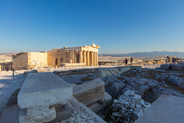Athens, Greece - July 26, 2021: The acropolis, most famous citadel the Parthenon on the hills of...
