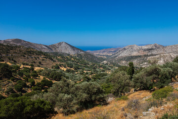 Fototapeta na wymiar Panoramic wide angle view over a in the cyclades archipelago, Naxos, Greece. Blue Aegean Sea on the horizon, dry brown landscape and cloudless sky. Aerial view over the mountains of Naxos