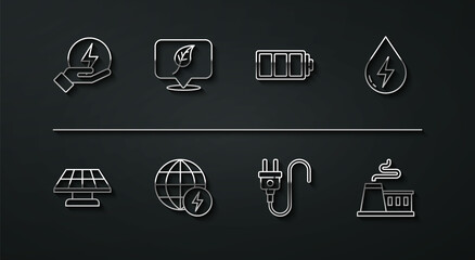 Set line Lightning bolt, Solar energy panel, Water, Electric plug, Global power planet, Location with leaf, Factory and Battery icon. Vector