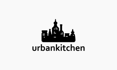 Obraz premium logogram pictogram logomark combination cityscape and silhouette herbs bottle, simple modern style