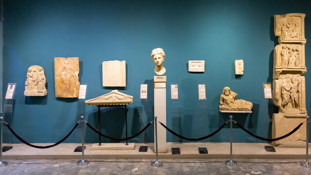 TIRANA, ALBANIA - MARCH 31, 2022: Well preserved ancient Illyrian sculptures displayed in Pavilion of Antiquities of National Historical Museum of Tirana