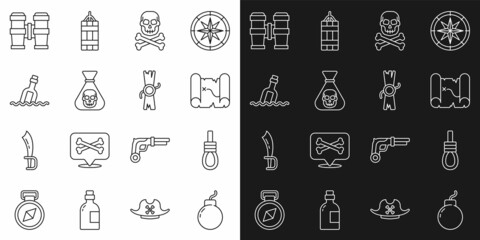 Set line Bomb ready to explode, Gallows rope loop hanging, Pirate treasure map, Skull on crossbones, coin, Bottle with message water, Binoculars and Decree, parchment, scroll icon. Vector