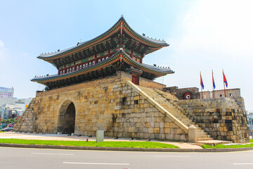 Fototapeta na wymiar Seoul, South Korea - July 26, 2020 - Paldalmun Gate is the southern gate of Hwaseong Fortress. The gate has an entrance wide enough to let the king's palanquin pass through. Roundabout runs around