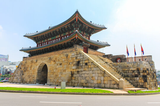 Seoul, South Korea - July 26, 2020 - Paldalmun Gate is the southern gate of Hwaseong Fortress. The gate has an entrance wide enough to let the king's palanquin pass through. Roundabout runs around
