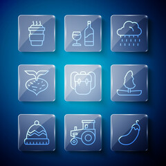 Set line Winter hat, Tractor, Eggplant, Cloud with rain, School backpack, Beet, Coffee cup go and Tree icon. Vector