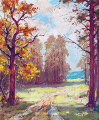 Obraz na płótnie Canvas Oil landscape painting showing road through forest and meadow on a beautiful autumn day