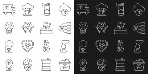 Set line Infectious waste, Nuclear power plant, Radioactive, Fire extinguisher, Biohazard symbol, Truck with radiation materials and barrel icon. Vector