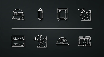 Set line Dynamite, Gold mine, Pickaxe, Miner helmet, Construction jackhammer, Gem stone, and entrance icon. Vector