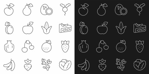 Set line Cabbage, Strawberry, Homemade fruit pie, Coconut, Apple, Plum, Peach or nectarine and Corn icon. Vector