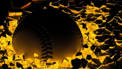 Yellow baseball breaking with great force through orange illuminated black wall under black-white background. 3D high quality rendering.