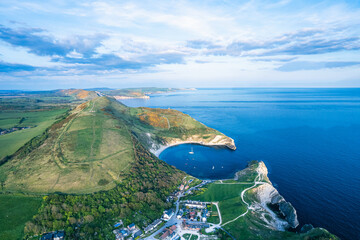 Panorama over Jurassic Coast and Clifs and Lulworth Cove from a drone, Wareham, Dorset, England, Europe