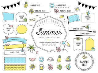 夏のビーチとシンプルな線画イラストフレームセット  / ひまわり,ビーチ,花,フルーツ / イラスト,ベクター,あしらい