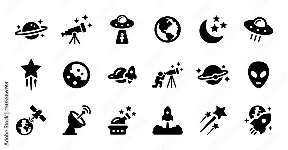 Poster astronomy and space icons set on black and white design.