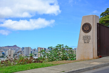 Entrance to the National Memorial Cemetery of the Pacific aka Punchbowl War Memorial in Honolulu on...