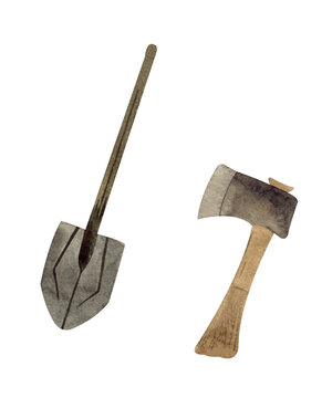 Watercolor set of camping equipment. An axe and a shovel. In retro style