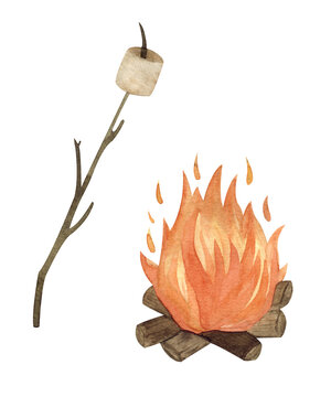 Watercolor campinf fire with woods and marshmallow on a stick isolated on a white background set
