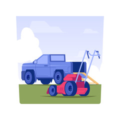 Lawn and landscape service isolated concept vector illustration. Professional gardener loads mower into the truck, private house maintenance service, landscaping industry vector concept.