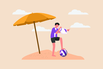 Young boy playing volleyball in beach . Summer Party. Flat vector illustration isolated.