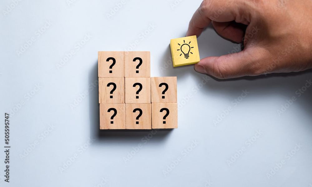 Aufkleber Top view wooden blocks set to step from question to idea. Concept for creative and design solution.