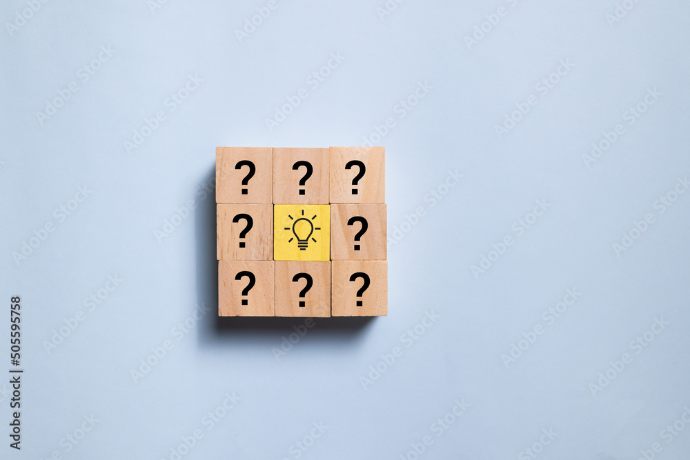 Poster Top view wooden blocks set to step from question to idea. Concept for creative and design solution.