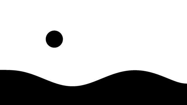 Abstract black ball jump forward into the water waves. Animation of black ink dot shape on white background. Seamless looping. Video animated background.