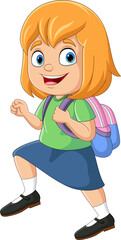 Cartoon school girl with backpack go to school