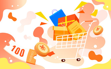 E-commerce shopping, girl pushing a shopping cart to buy items, vector illustration