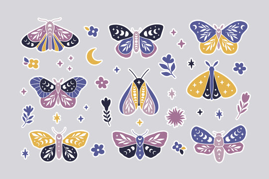 Moon moth vector stickers. Celestial butterfly with moon phases illustration. Mystical floral insect clipart. Set of symbols of weekly or daily planner, to do list, diaries, organizer.