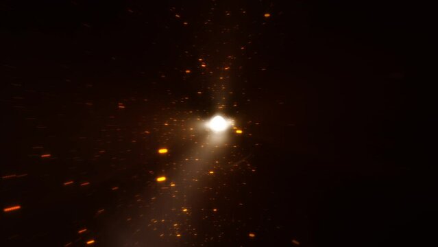 Loop center of bright optical lens flare flickering and burst with orange particle dust and cloud on Black Background Footage for Cinematic Trailer Burst Optical Flare backdrop or background. 