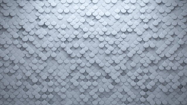 3D, Polished Wall background with tiles. Futuristic, tile Wallpaper with Fish Scale, White blocks. 3D Render