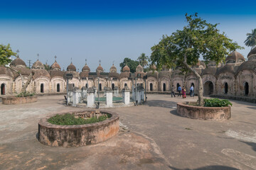Fototapeta na wymiar Panoramic image of 108 Shiva Temples of Kalna, Burdwan , West Bengal. A total of 108 temples of Lord Shiva (a Hindu God), are arranged in two concentric circles - an architectural wonder,