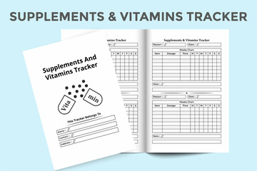 Supplement and vitamin journal template KDP interior. Regular vitamin dose information and medicine list tracker template. KDP interior log book. Supplement and vitamin information tracker interior.