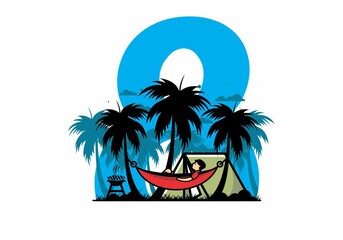 Tent and hammock with coconut trees illustration