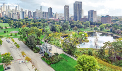 Chicago skyline aerial drone view from above, city of Chicago downtown skyscrapers cityscape bird's...