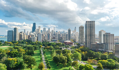 Chicago skyline aerial drone view from above, city of Chicago downtown skyscrapers cityscape bird's...
