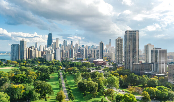 Chicago skyline aerial drone view from above, city of Chicago downtown skyscrapers cityscape bird's view from park, Illinois, USA