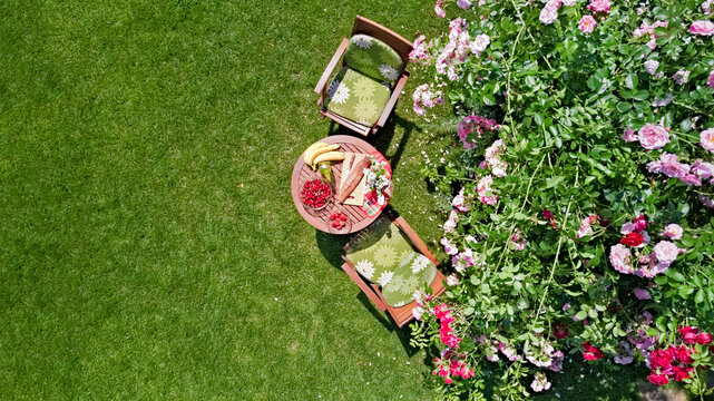 Decorated table with bread, strawberry and fruits in beautiful summer rose garden, aerial drone view of romantic date table food setting for two from above