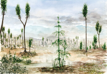 Carboniferous landscape with Sigillaria and Calamites plants. Watercolor on paper.